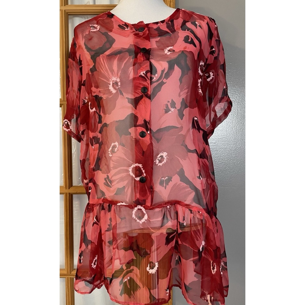 Vtg 80s Vivi Floral Sheer Blouse Sz L Red Button Down Ruffles Boho USA Made